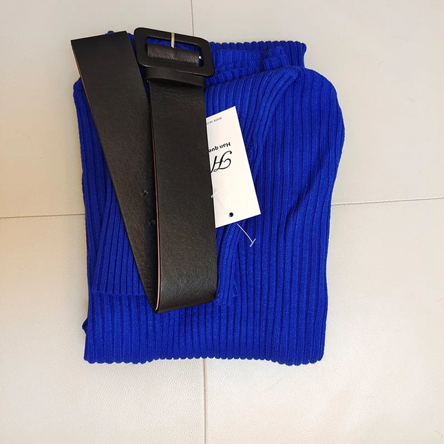 Han Queen Women's Knitted Turtleneck Bodycon Dress with Belt