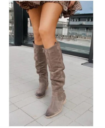 Women's Long Suede Boots with Low Heel and Side Zip - Stylish & Comfortable Footwear