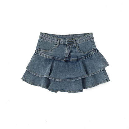 Vintage High-Waist Denim Skirt with Ruffle Detailing