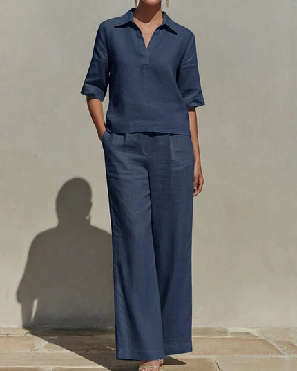 Women’s Two-Piece Set  V-Neck Short-Sleeve Sweater Top and High-Waisted Wide-Leg Pants