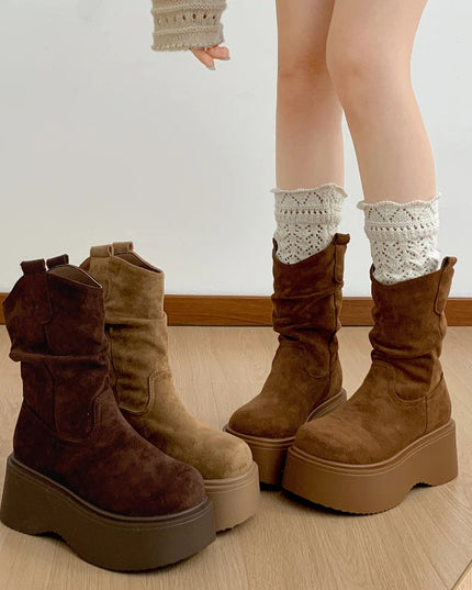 Chunky Platform Ankle Boots for Women - Thick Sole, Round Toe, Slip-On Design