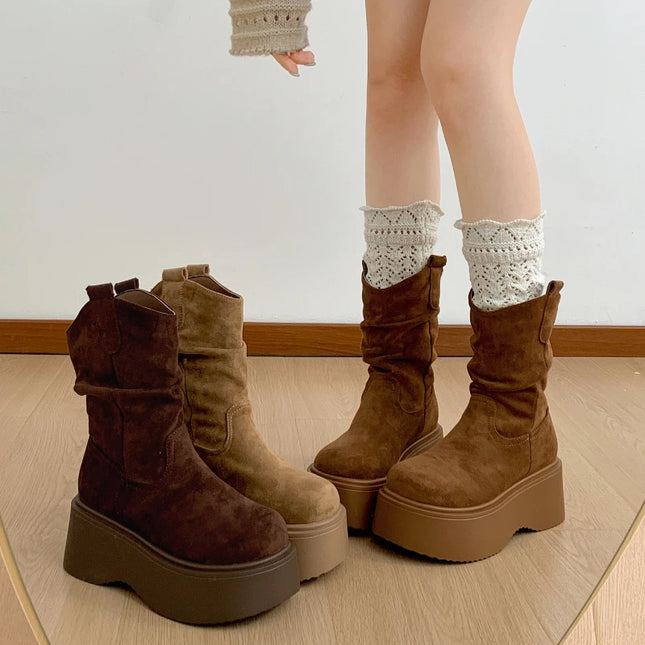 Chunky Platform Ankle Boots for Women - Thick Sole, Round Toe, Slip-On Design