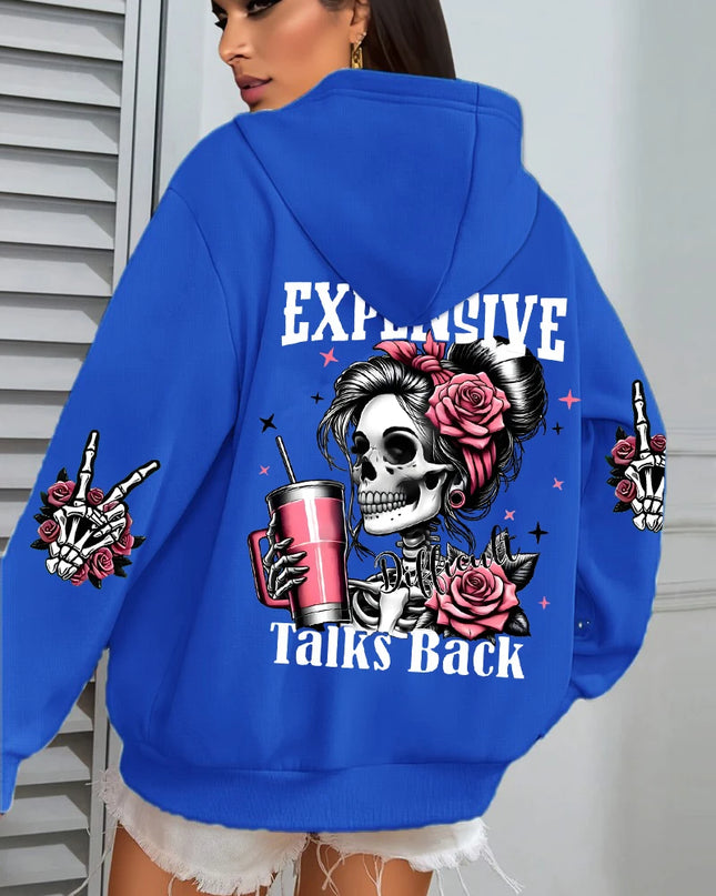 Women's "Expensive Talks Back" Printed Hoodie Sweater - Loose Fit