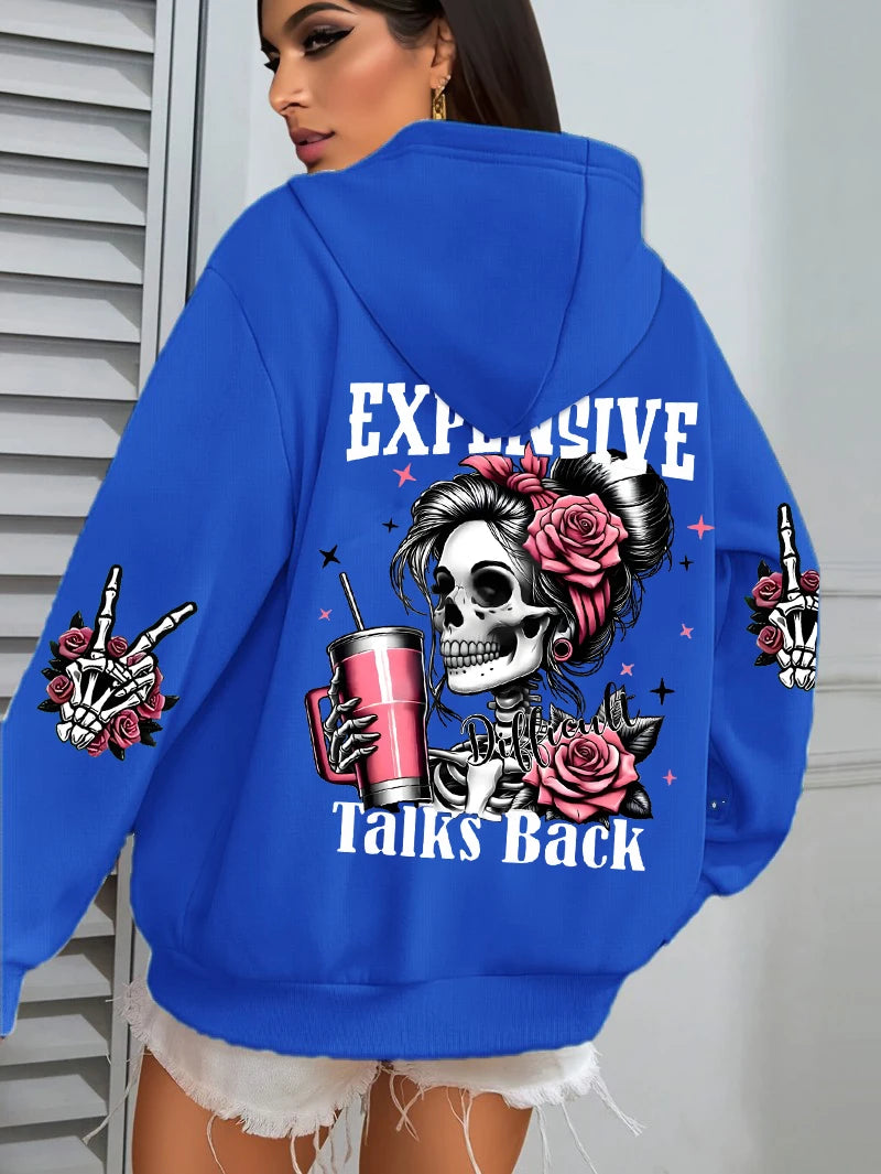 Women's "Expensive Talks Back" Printed Hoodie Sweater - Loose Fit