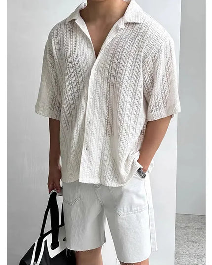 Men's Loose Fit Short-Sleeved Knitted Shirt with Jacquard Collar and Hollow Design