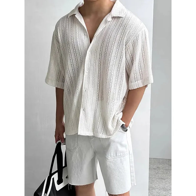 Men's Loose Fit Short-Sleeved Knitted Shirt with Jacquard Collar and Hollow Design