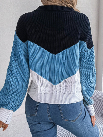 Multi-coloured Patchwork Long Sleeve Knitted Sweater for Women