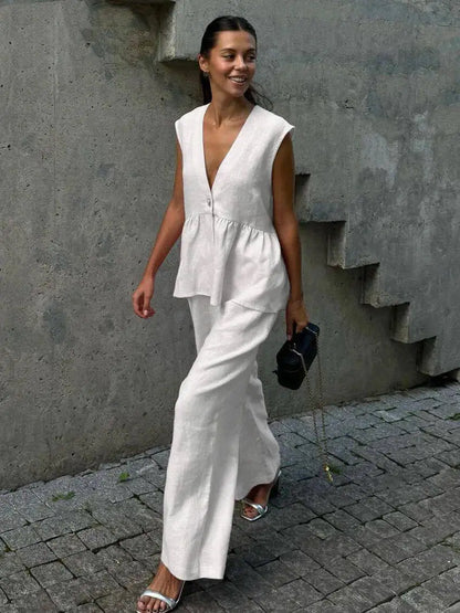 Women's 2-Piece V-Neck Backless Halter Lace-Up Vest with Straight Pants