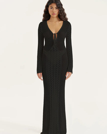 Women's Knit Swimsuit Cover-Up with V-Neck & Hollow-Out Design – Long Sleeve Beach Maxi Dress