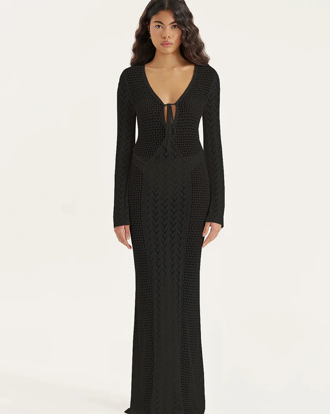 Women's Knit Swimsuit Cover-Up with V-Neck & Hollow-Out Design – Long Sleeve Beach Maxi Dress