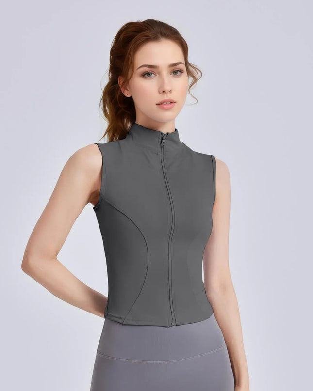 Women's Sleeveless Sports Vest with Thumb Hole Design and Zip-Up Closure
