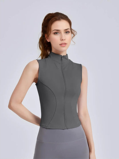 Women's Sleeveless Sports Vest with Thumb Hole Design and Zip-Up Closure
