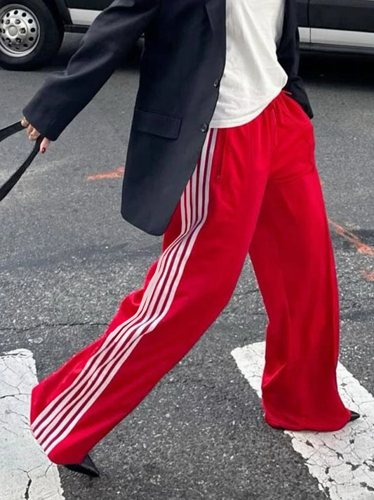 Women's Wide Leg Track Pants - Baggy Side Striped Sweatpants with Elastic Waistband