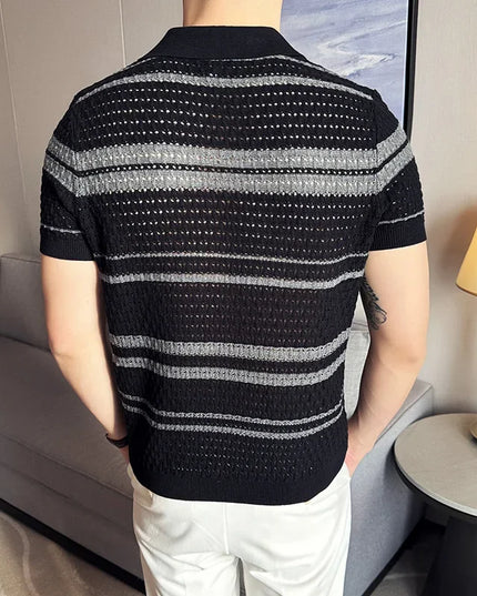 Men's Thin Striped Knitted V-Neck T-Shirt – Stylish Breathable Men's Knit Top