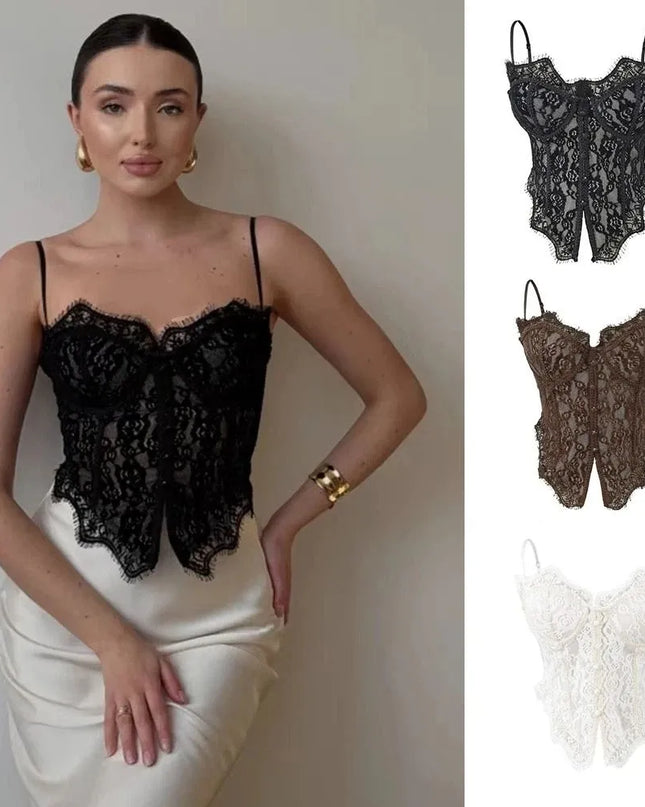 Women's Elegant Sheer Lace Camisole with Sleeveless Fishbone Design