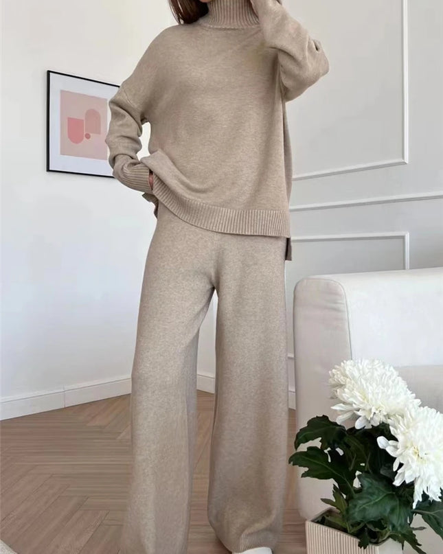 Women's 2 Piece Knitted Turtleneck Sweater & Straight Leg Pants Set