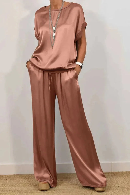 Women's Smooth Satin Two-Piece Set: Short Sleeve Top & Wide Leg Pants