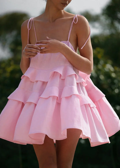 Women's Ruffled Mini Dress – Loose Cotton, Sleeveless, with Straps