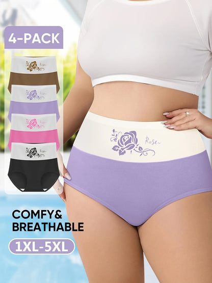 Women's 4-Piece Large Size High Waist Tummy Control Triangle Underwear with Floral Print