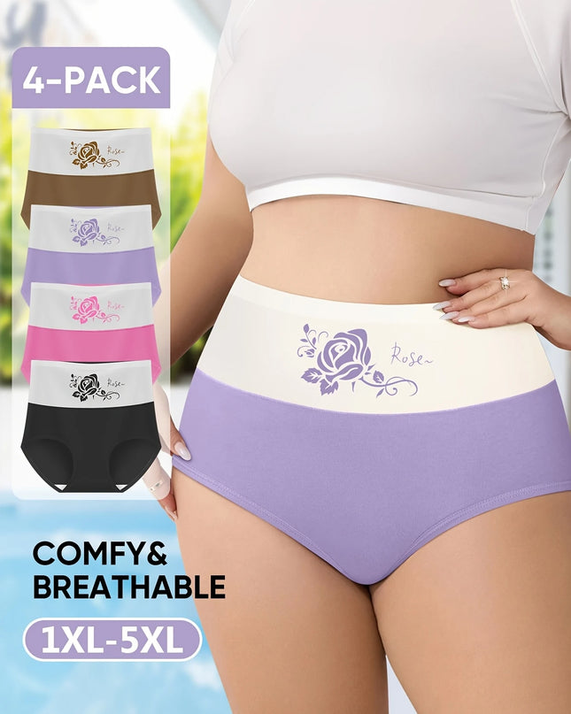 Women's 4-Piece Large Size High Waist Tummy Control Triangle Underwear with Floral Print