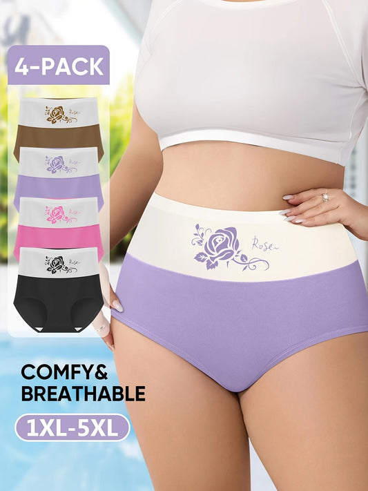 Women's 4-Piece Large Size High Waist Tummy Control Triangle Underwear with Floral Print
