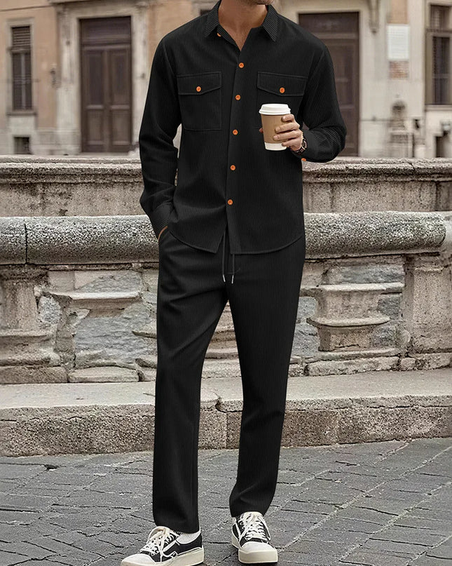 Men's Two-Piece Corduroy Casual Suit – Long-Sleeved Shirt and Long Pants Set