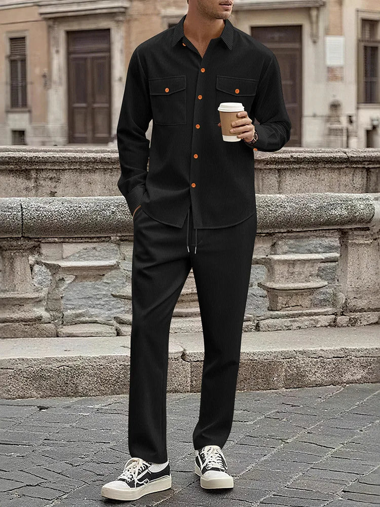 Men's Two-Piece Corduroy Casual Suit – Long-Sleeved Shirt and Long Pants Set