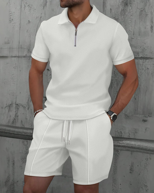 Men's Two-Piece Zip-Up Lapel T-Shirt and Shorts Set - Casual Summer Activewear