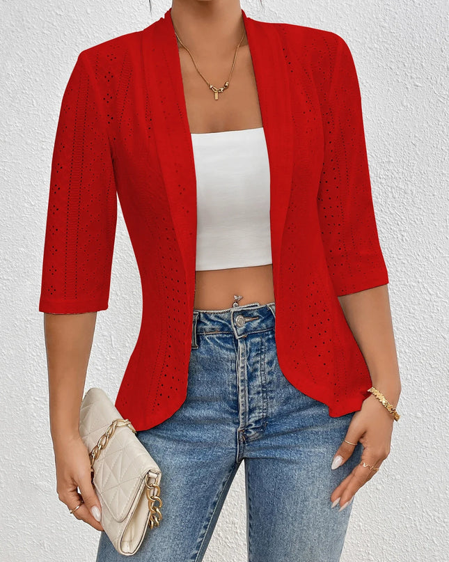 Women’s Casual Hollow-Out 3/4 Sleeve Open-Front Lightweight Thin Cardigan