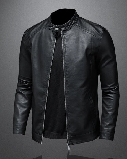 Men's Slim Fit Faux Leather Jacket with Stand Collar - Casual PU Leather Outerwear