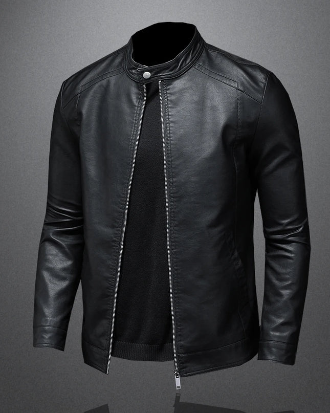Men's Slim Fit Faux Leather Jacket with Stand Collar - Casual PU Leather Outerwear