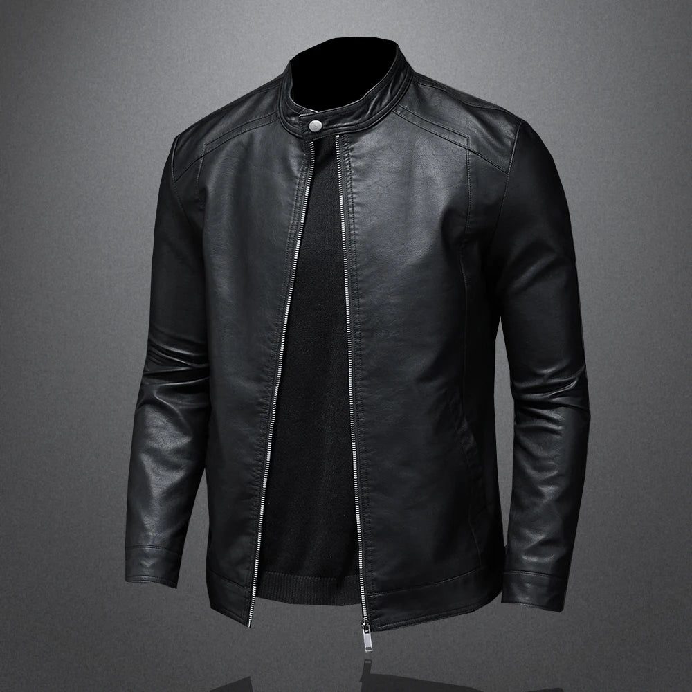 Men's Slim Fit Faux Leather Jacket with Stand Collar - Casual PU Leather Outerwear
