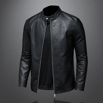 Men's Slim Fit Faux Leather Jacket with Stand Collar - Casual PU Leather Outerwear