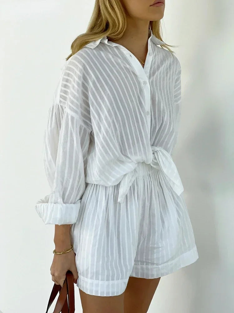 Women's Casual Two-Piece Striped Jacquard Shirt and Elastic Waist Shorts Set