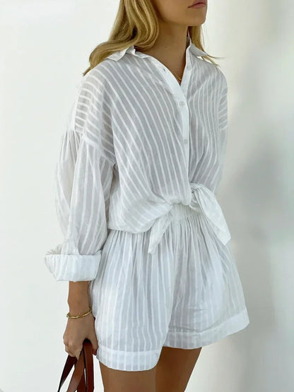 Women's Casual Two-Piece Striped Jacquard Shirt and Elastic Waist Shorts Set