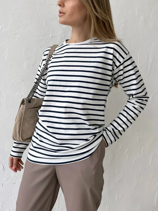 Women's Knitted Stripe Sweater - Loose Fit, Long Sleeve - Various Colors