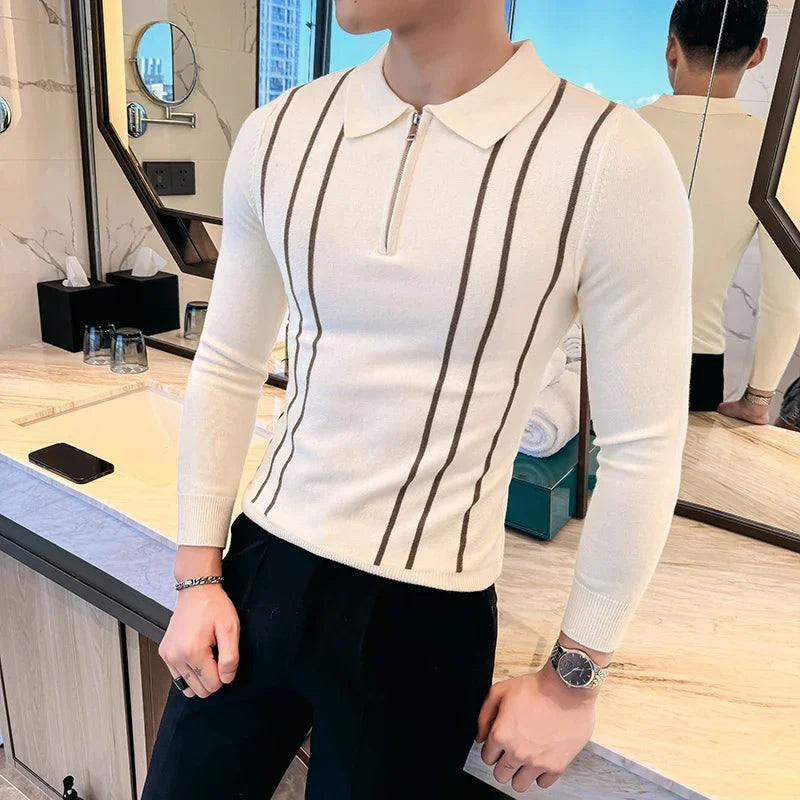 Men's Striped Zipper Collar Sweater with Flip Collar, Knitted Polo Style, Slim Fit