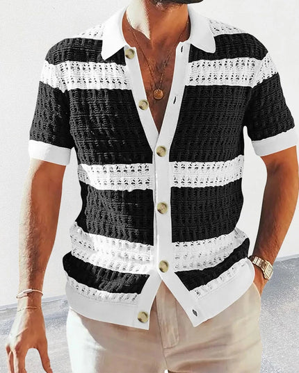 Men’s Casual Striped Knitted Button-Up Shirt with Lapel