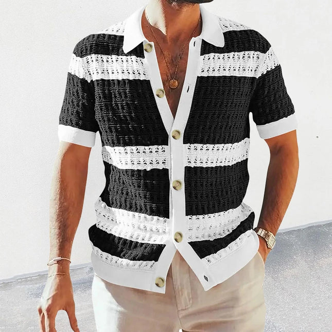 Men’s Casual Striped Knitted Button-Up Shirt with Lapel