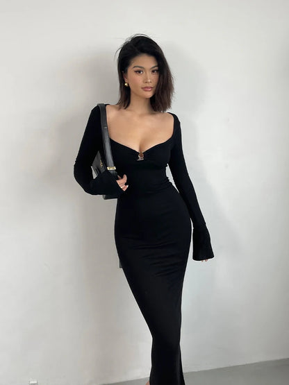 Elegant Women's V-Neck Dress with Flare Sleeves and High Waist Slim Fit Fish Tail Design