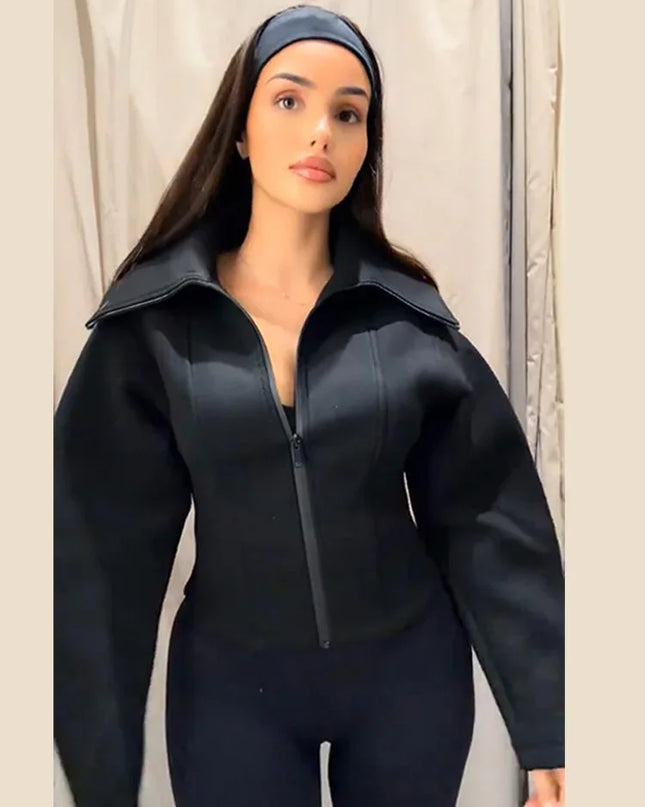Women's Long Sleeve Zipper Jacket with Turn-Down Collar – Casual and Chic