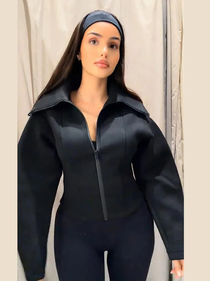 Women's Long Sleeve Zipper Jacket with Turn-Down Collar – Casual and Chic