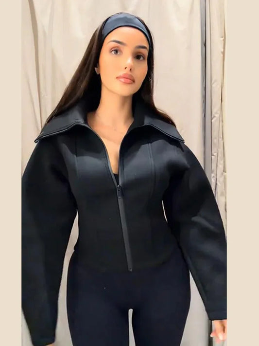 Women's Long Sleeve Zipper Jacket with Turn-Down Collar – Casual and Chic