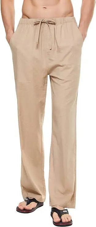 Men's Casual Linen Cotton  Pants Breathable Loos Elastic Waist