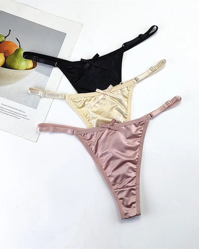 3-Piece Pink Satin Thong Set for Women - Adjustable Low Waist, Comfortable Silk Lace Underwear