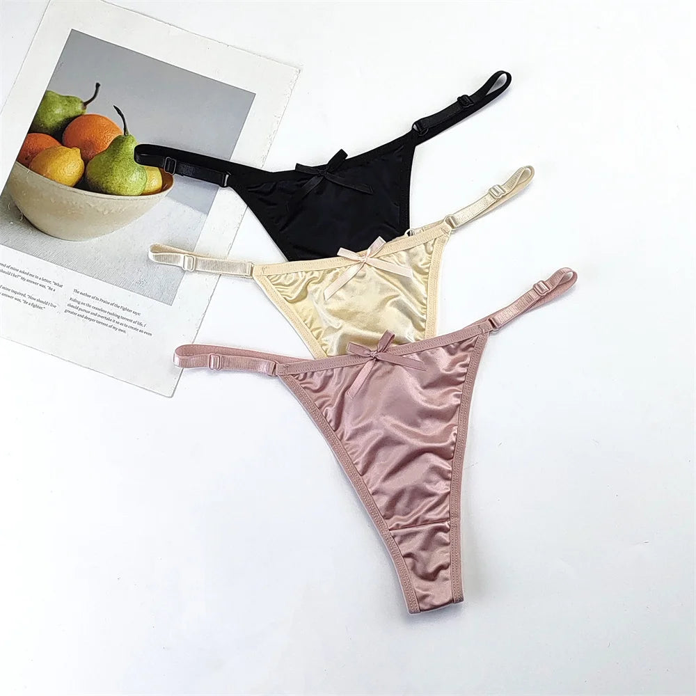 3-Piece Pink Satin Thong Set for Women - Adjustable Low Waist, Comfortable Silk Lace Underwear