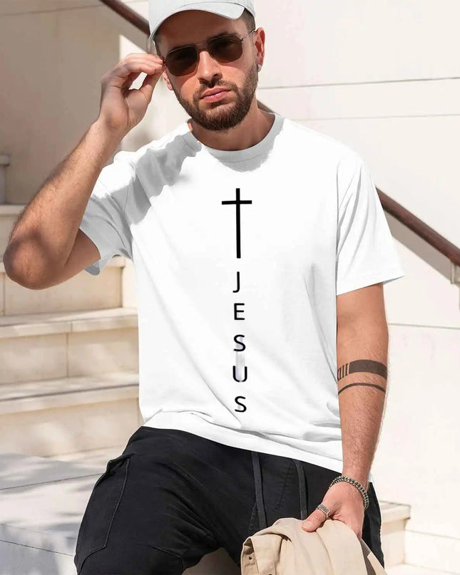 Men's 100% Cotton Casual T-Shirt with Large Cross and Jesus Letter Print