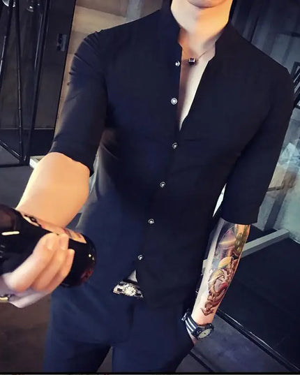Men's Slim Fit Half Sleeve Stand Collar Shirt