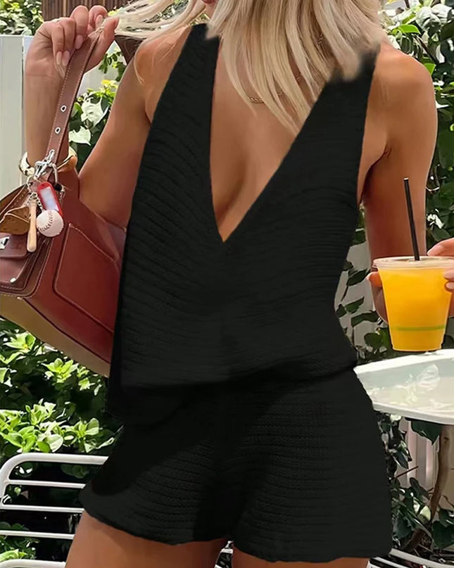 Knitted Women's Two-Piece Set with Deep V-Neck Sleeveless Loose Vest and Lace-Up Short