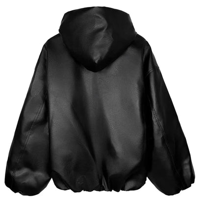 Unisex PU Leather Casual Oversized Hooded Zipper Jacket – Loose Fit, Trendy Zipper Hoodie for Men and Women